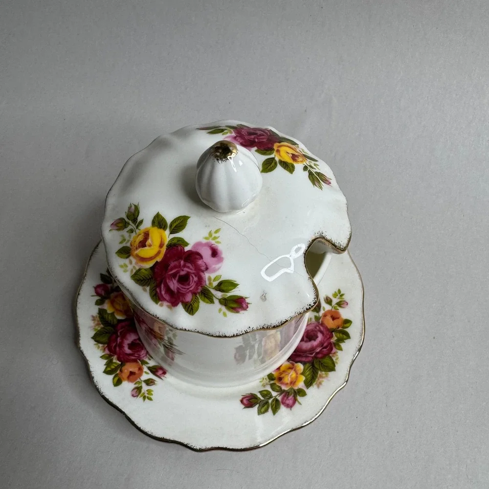 Cottage‎ Rose Fine Bone China Jam Honey Pot with Lid and Saucer Floral Taiwan